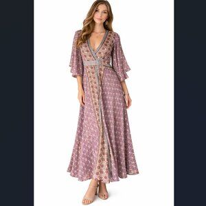 Womens Boho Silk Floral Maxi Dress Kimono Sleeve Empire Waist Tie Caftan Sz S/M